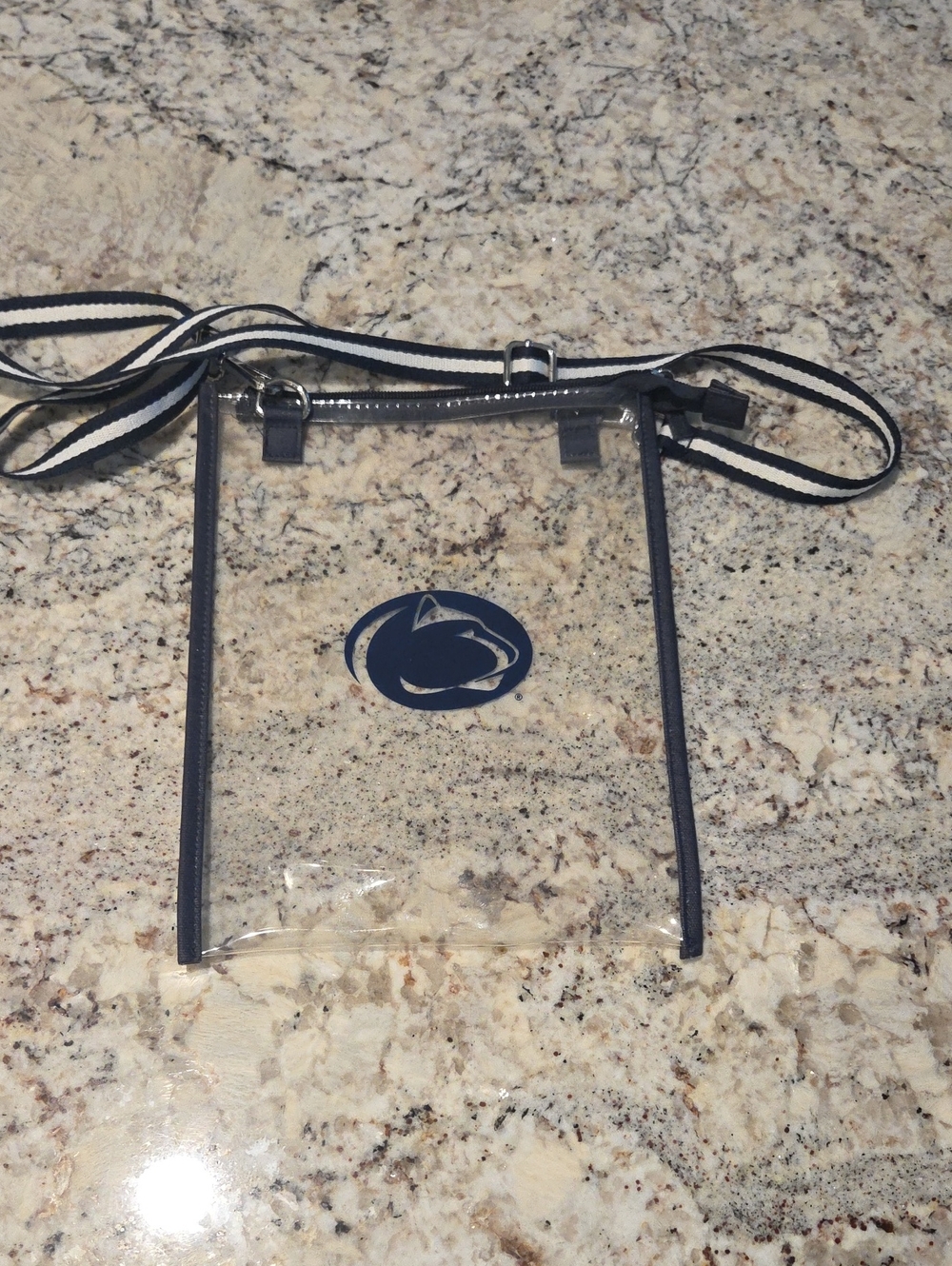 Clear Crossbody Penn State Pouch with Navy Trim and Striped Strap